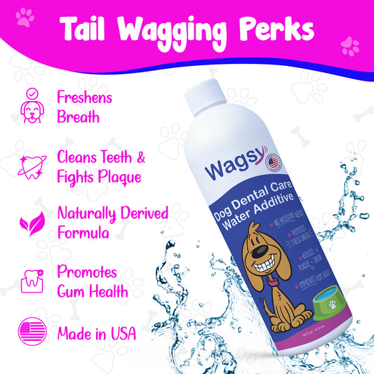 Wagsy Dog Water Additive for Dental Care – Naturally Derived & Made in USA – Dog Breath Freshener Fights Plaque, Tartar & Bad Breath – Promotes Whiter Teeth, Oral Care & Happy Tails – 16oz