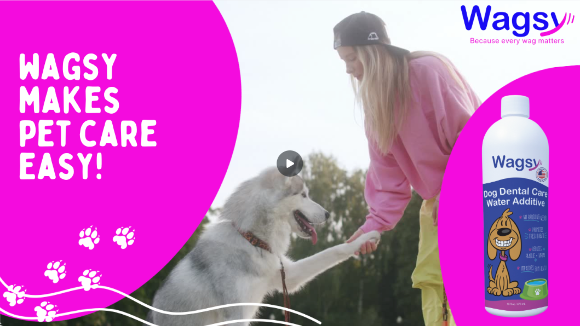 Load video: Wagsy dog dental water additive makes pet care easy